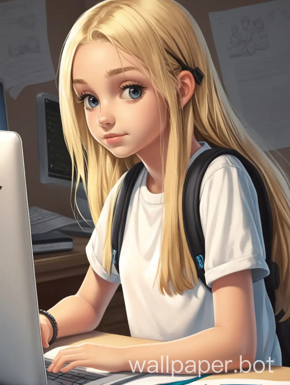 blonde teen girl doing its homework on computer