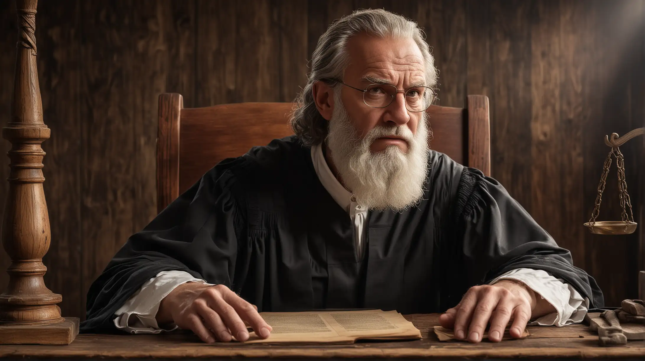 Biblical Era Judge Sitting at Wooden Desk
