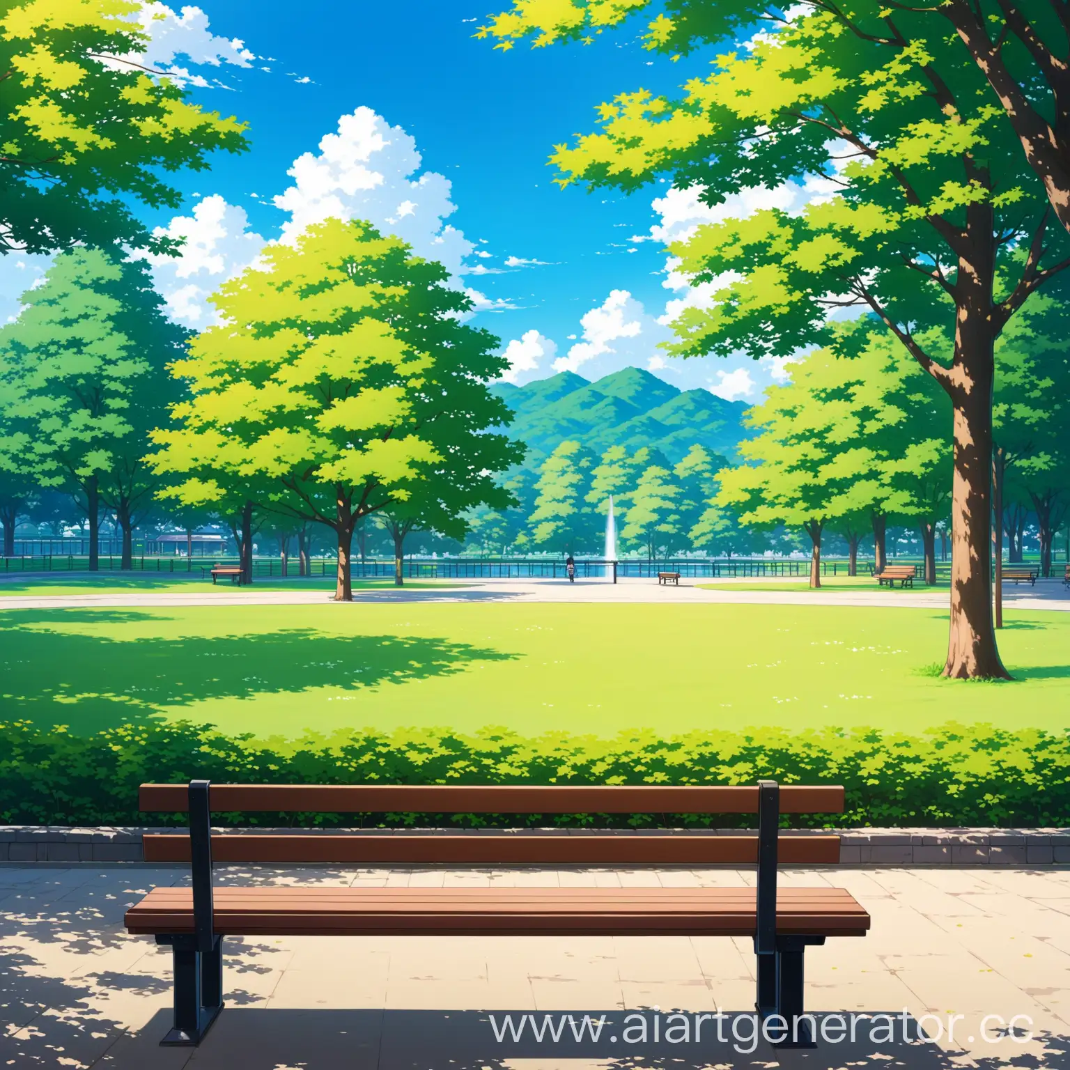 аниме фон днем японский парк, вид скамейки, ВИД В ТРИ ЧЕТВЕРТИ