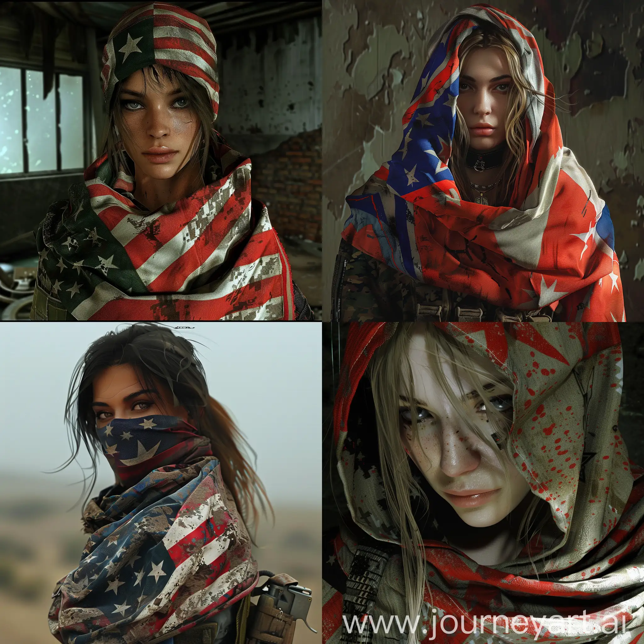 Girl rap artist wrapped in the flag of Chernarus from ArmA 2