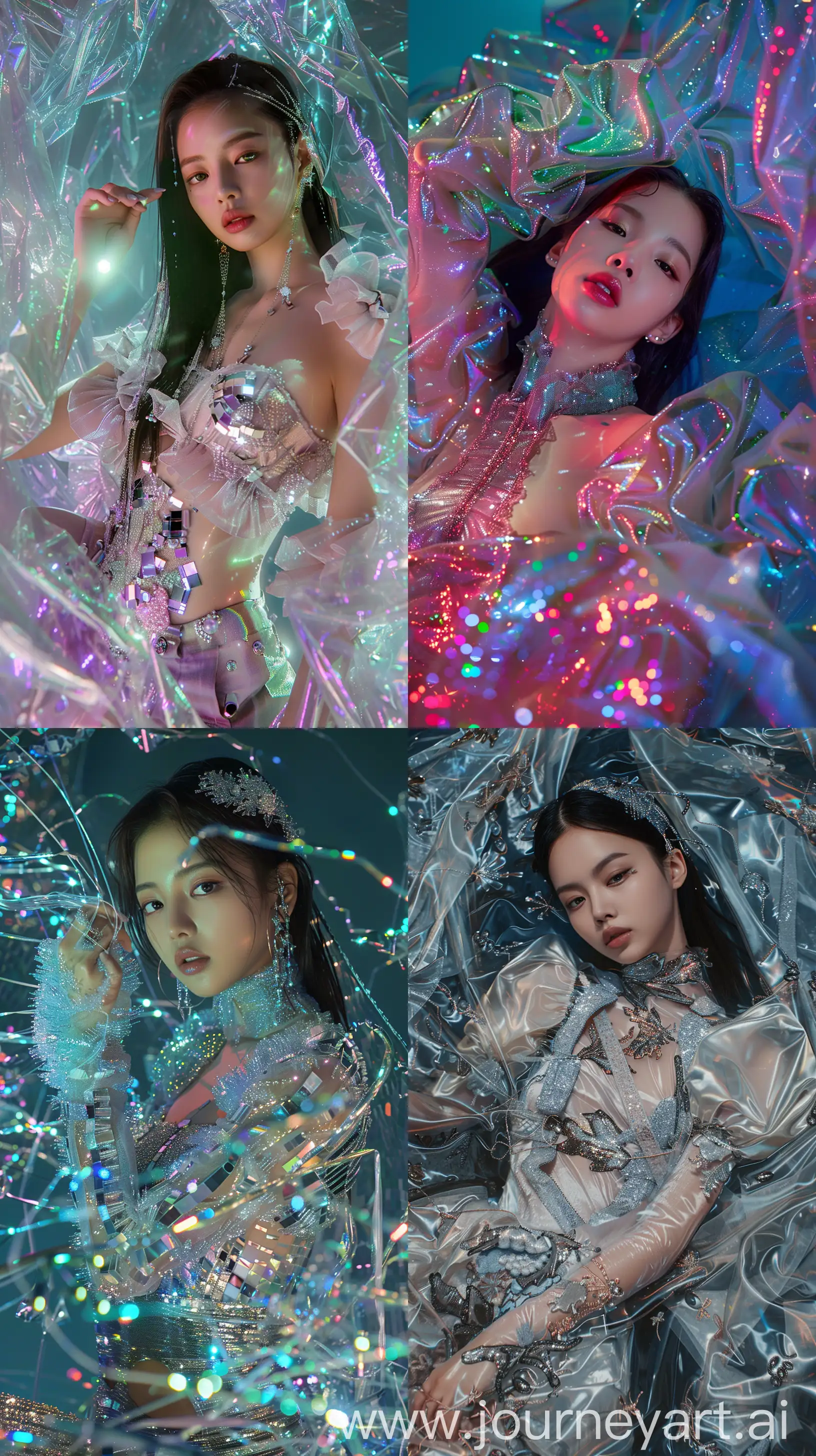 blackpink's jennie cover art style of  surreal matrix vastness  longshot reflective fabric fashion clothes designs overwrought perfect flawless layered cinematic lighting detailed textures natural fabrics unique styles made with mirror pieces and embroidered silk reflective, plastics blanket her body, nocturnal scene --ar 9:16