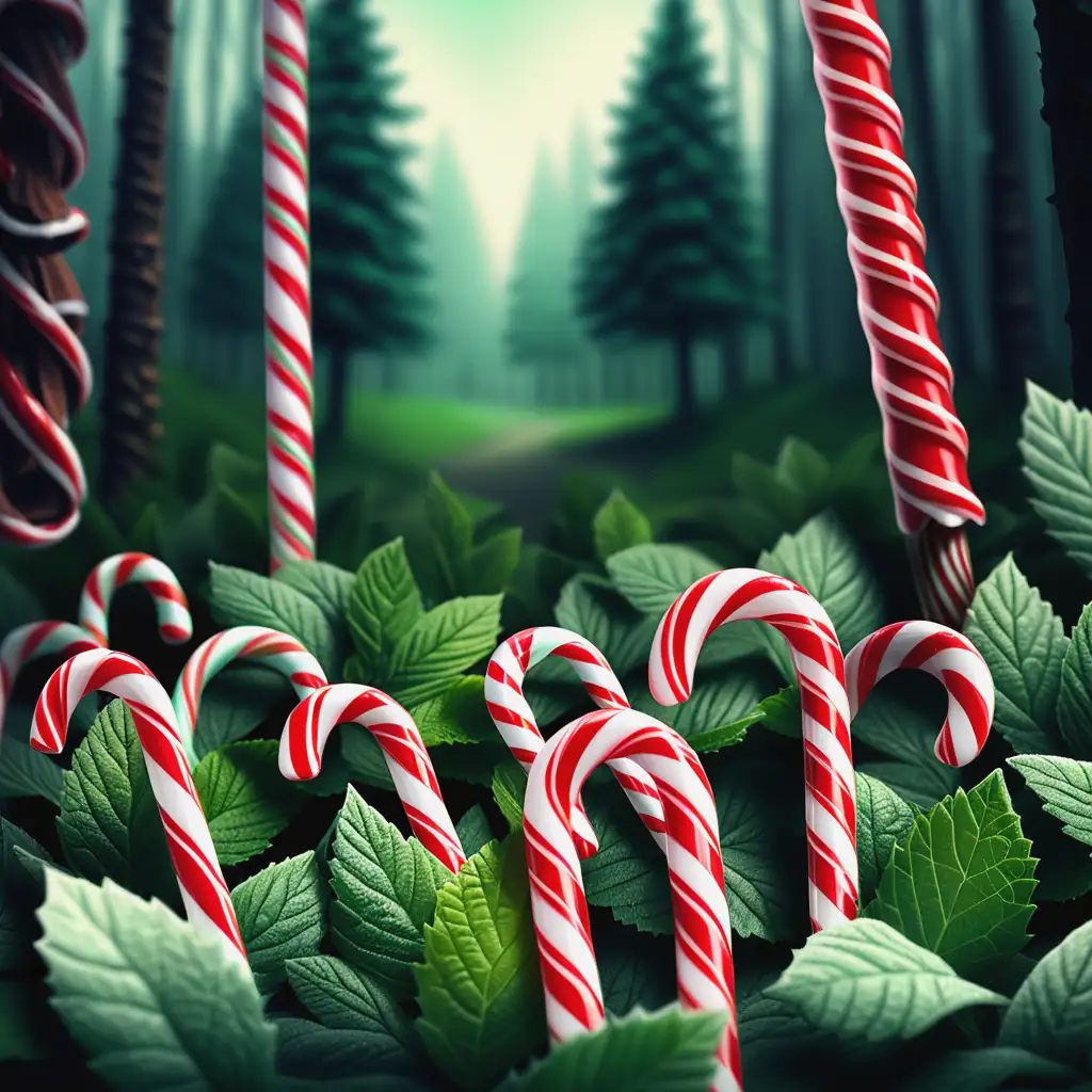 Enchanting Forest Scene with Peppermint Candy Canes