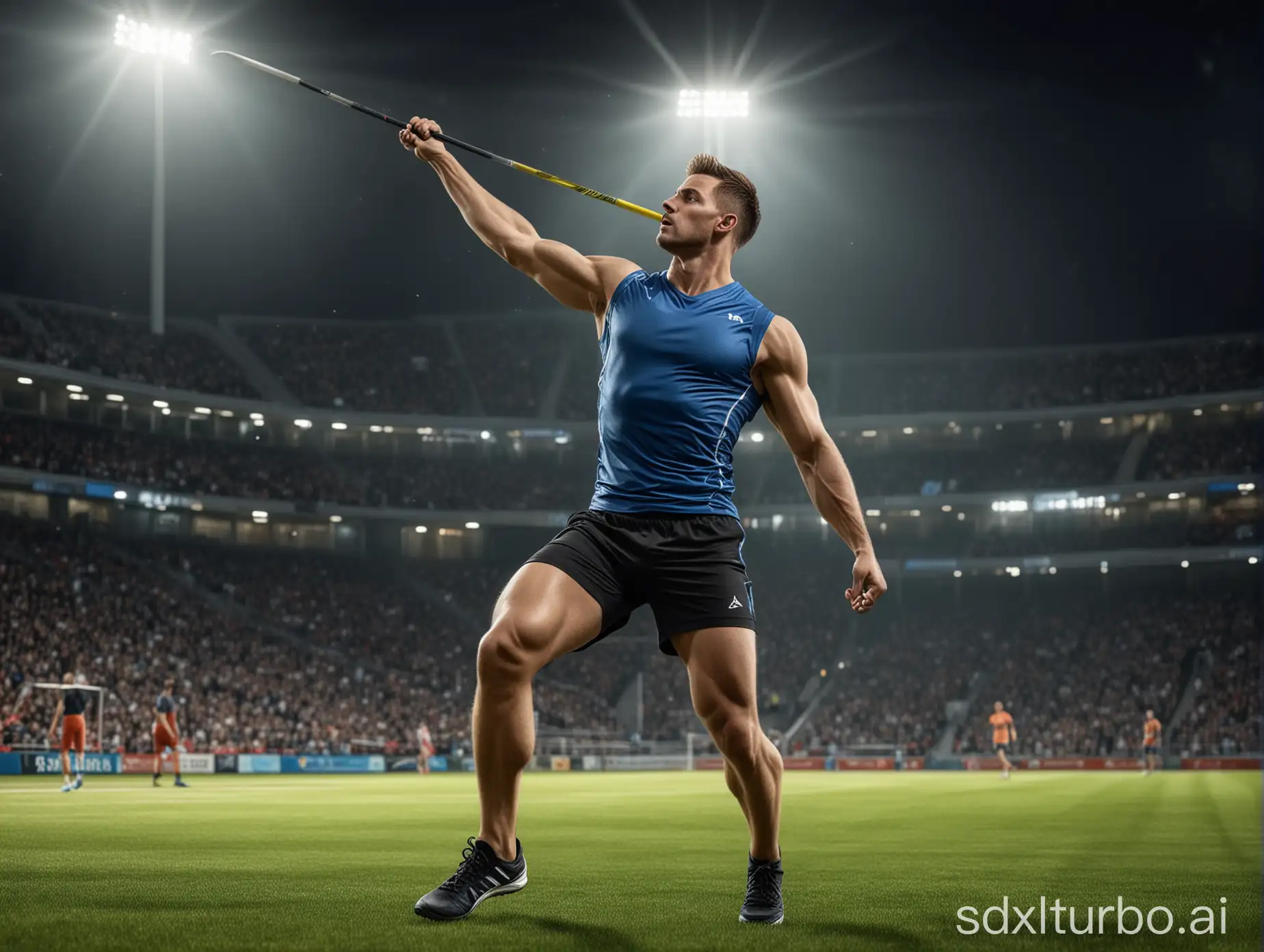 photorealistic running male javelin thrower wearing sports clothes throwing a javelin in a sports stadium at night, floodlights, grass