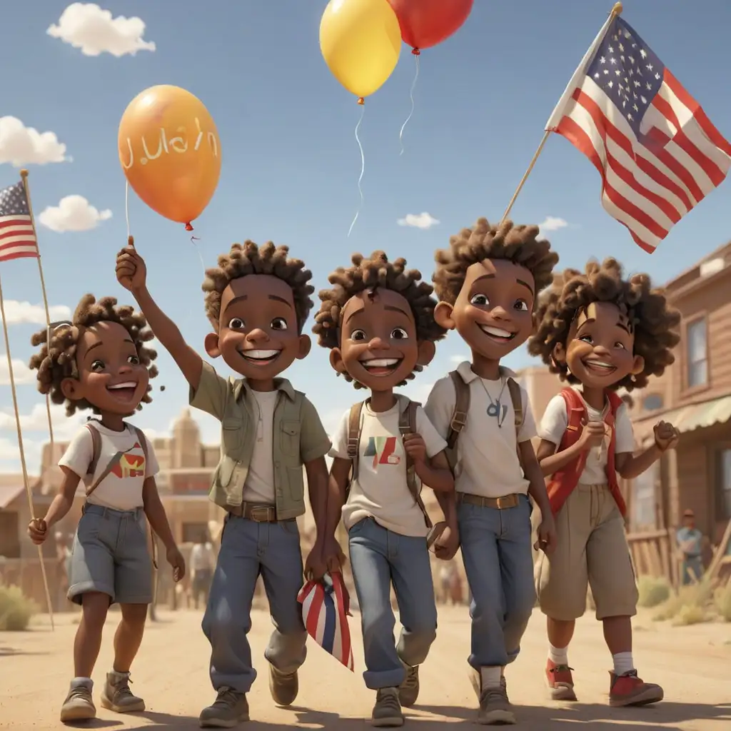 detailed 3D cartoon-style juneteenth african americans smiling with balloon and flag in new mexico 