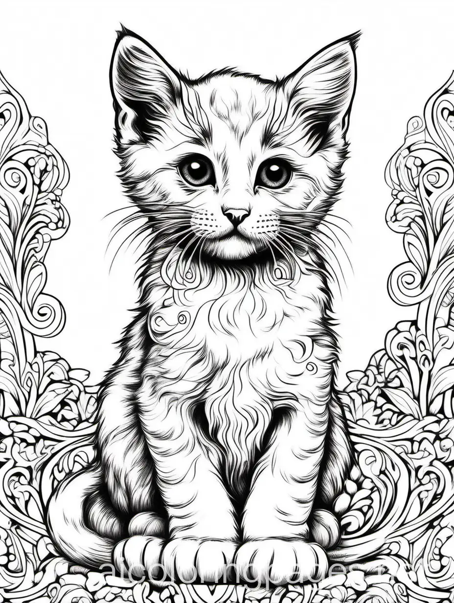 kitten, regal, majestic, dramatic, elaborate, white background, fine art, line art, masterpiece, black and white, Coloring Page, black and white, line art, white background, Simplicity, Ample White Space. The background of the coloring page is plain white to make it easy for young children to color within the lines. The outlines of all the subjects are easy to distinguish, making it simple for kids to color without too much difficulty