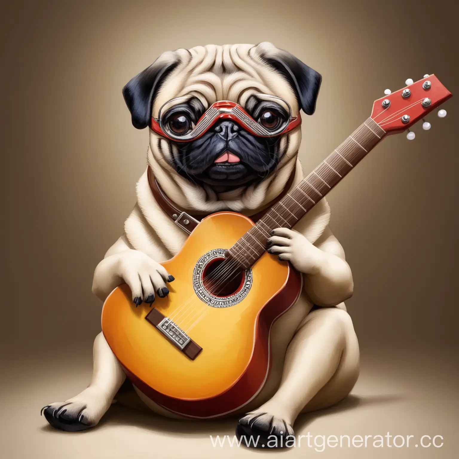 Adorable-Pug-Playing-Guitar-in-a-Serene-Garden-Setting