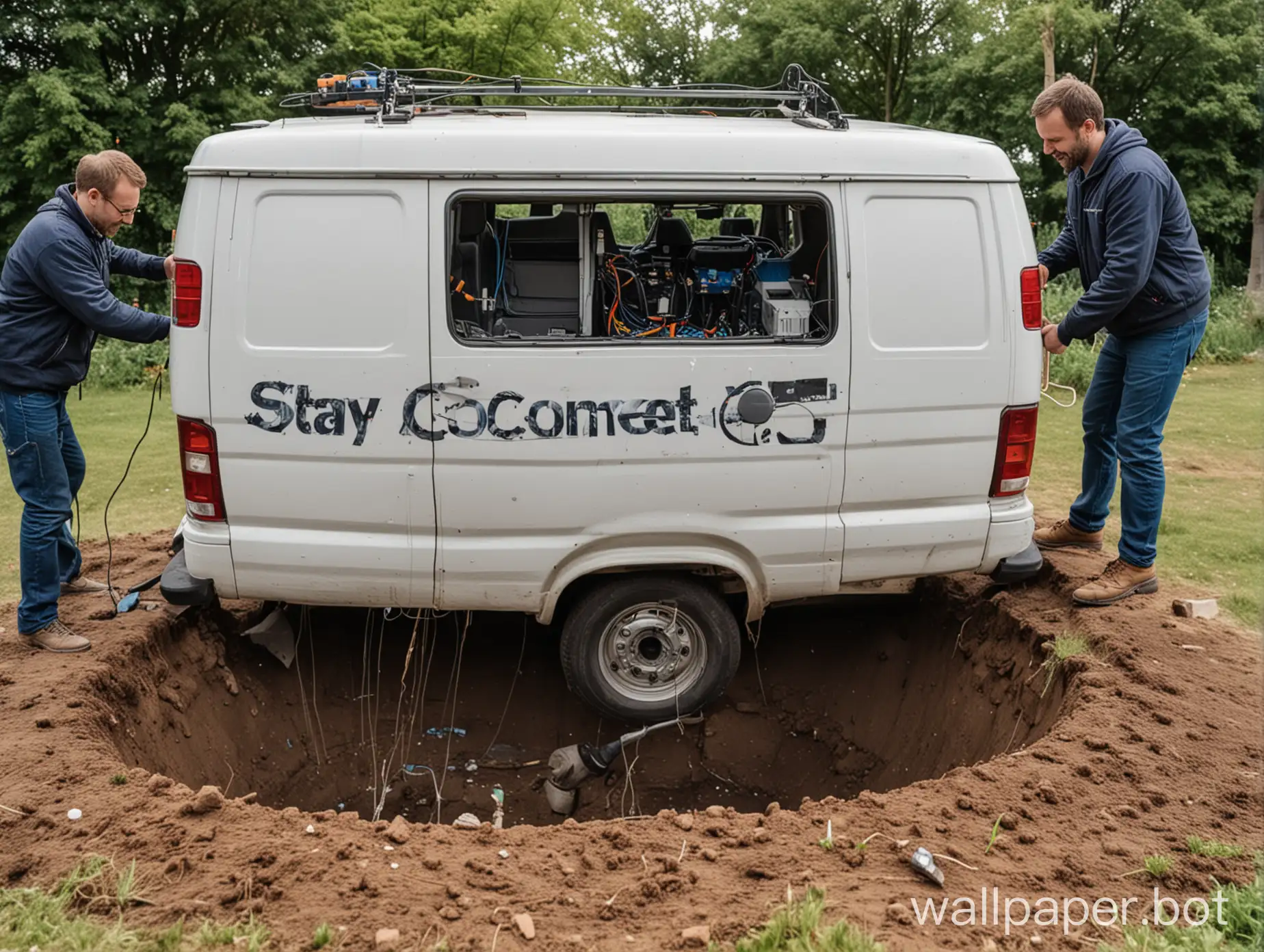 a van with "stay connected" on it, two men are digging a hole in the ground and putting fiber optics in it