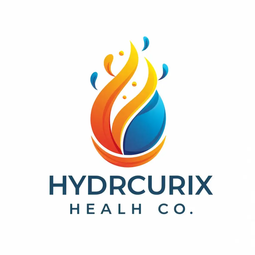 a logo design,with the text "Hydrocurix Health Co.", main symbol:Create a logo for Hydrocurix Health Co. featuring an image of water pouring over something burning, symbolizing the soothing and healing properties of the company's hydrogen pads for skin burns. The design should be clean, modern, and impactful, evoking a sense of relief and rejuvenation. Consider using a color palette that includes cool tones to represent water and warm tones to symbolize the burning element. The logo should be versatile enough for use on product packaging, marketing materials, and digital platforms.,Moderate,clear background