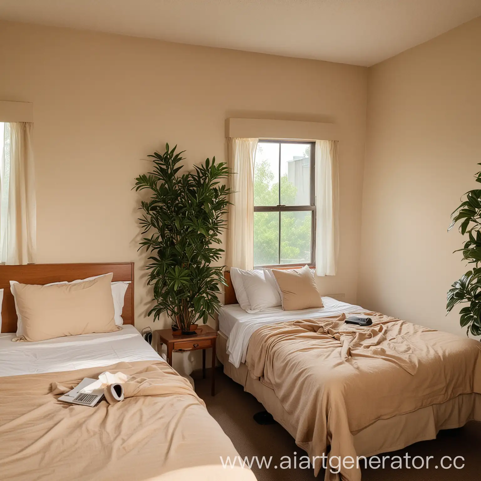 минималистичная комната мотеля с двумя кроватями и бежевыми стенами, тумбочка между кроватями, кровати заправлены и на них подушки, в углу комнаты письменный стол с креслом неподалеку, окно над столом из которого видну листву