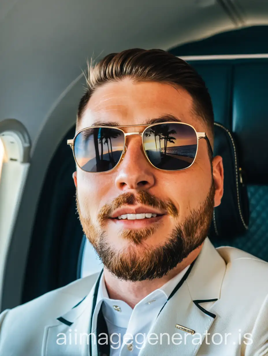 beautiful elegant Irish businessman 27 years old very short haircut look direct to camera sitting first class aircraft wearing white suit with stripes and black shirt no tie USA los Angeles ocean drive sunset time