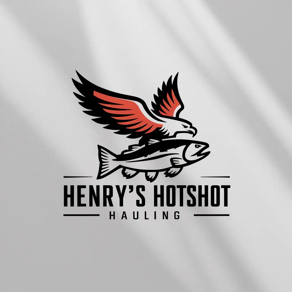 a logo design,with the text "HENRY'S hotshot hauling", main symbol:A fast moving eagle with its wings and feathers spread grasps a large salmon fish in its big claws just above the water.,Minimalistic,clear background