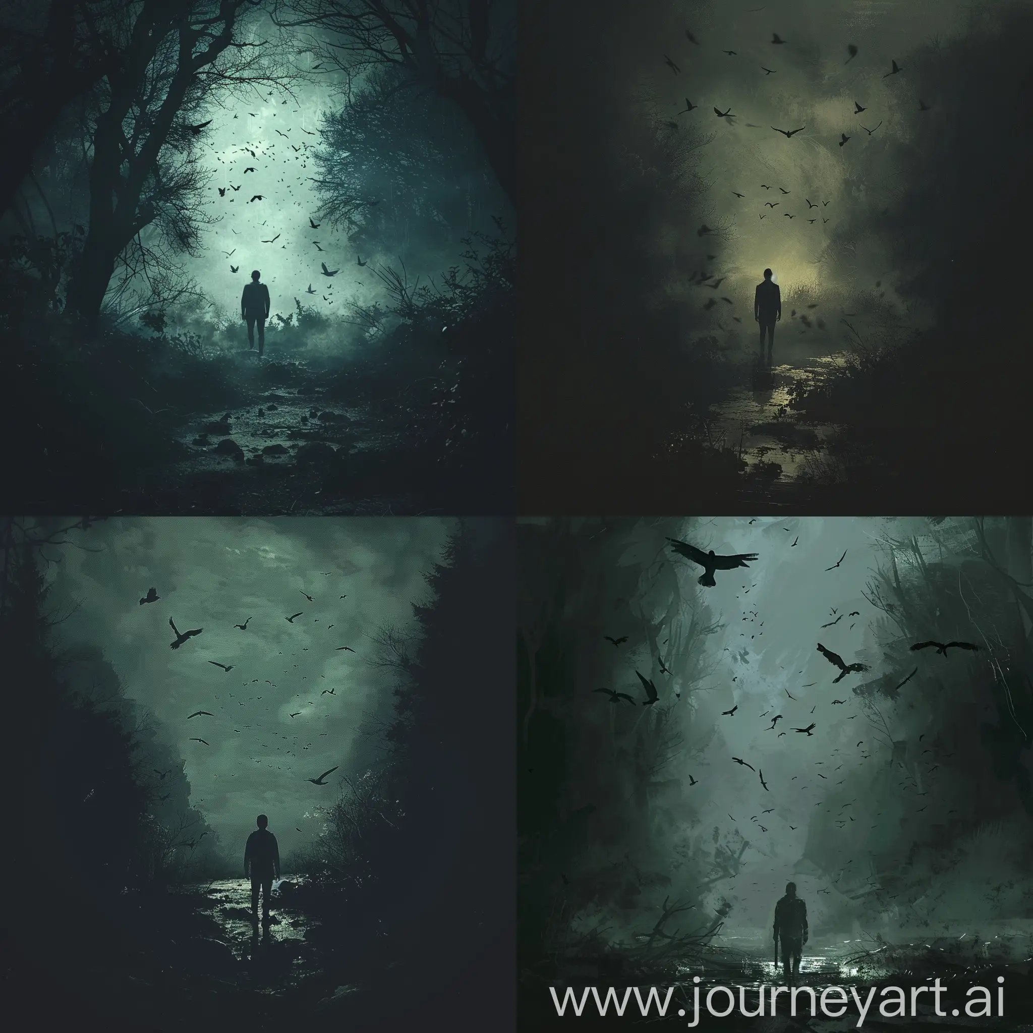 Solitary-Figure-in-Enchanted-Forest-with-Flying-Birds