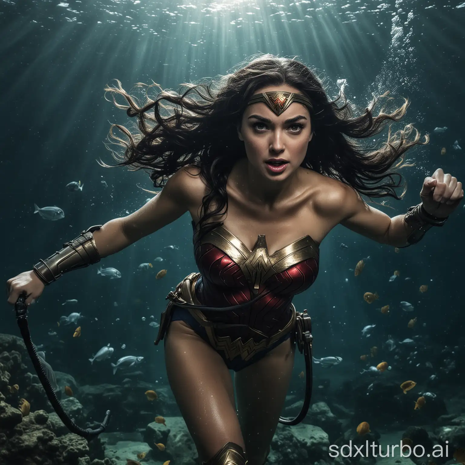 Wonder woman scuba diving