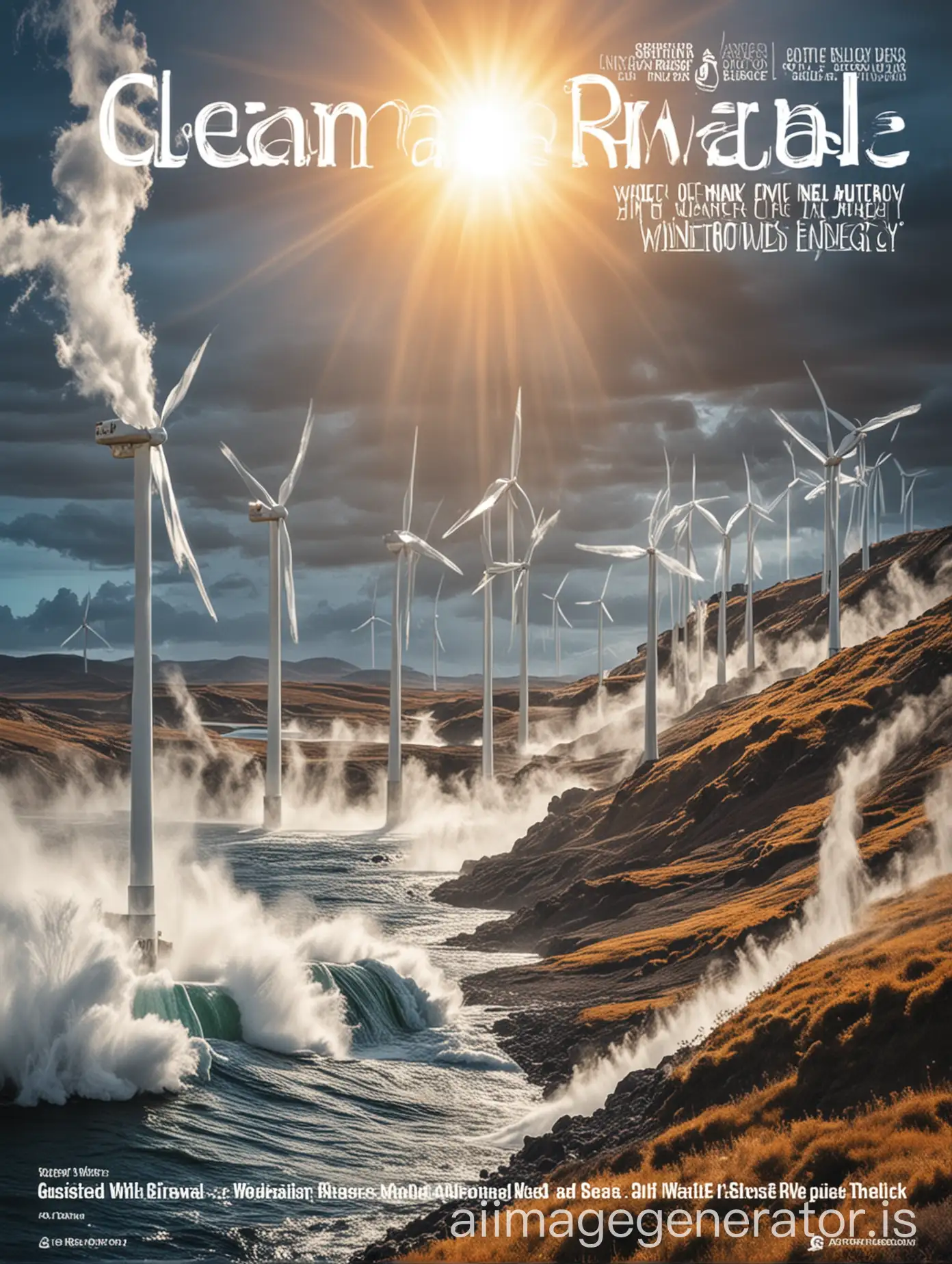 Clean and renewable energy cover featuring sun, water, wind, geothermal energy and a new title
