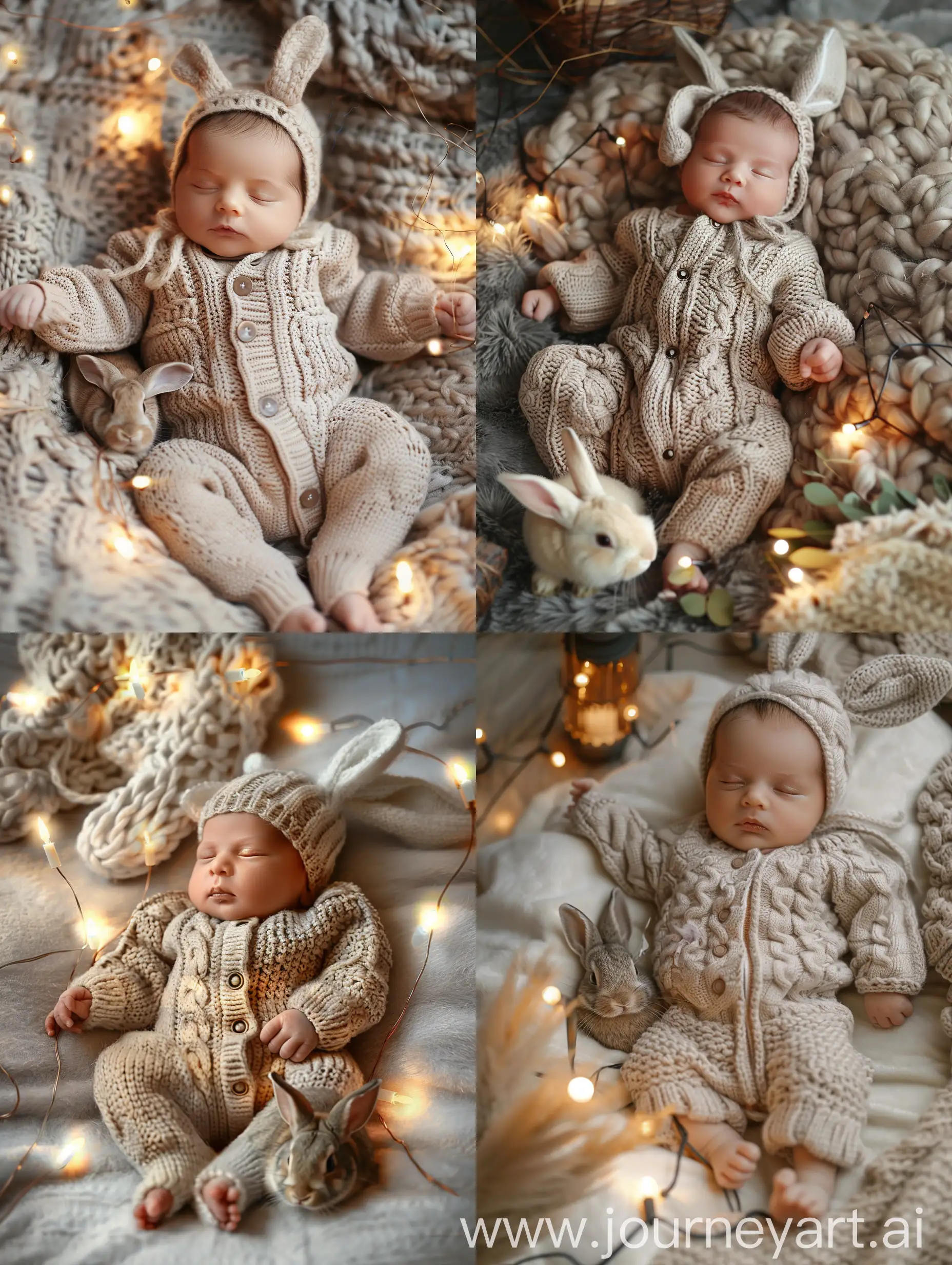 Portrait of a baby in a knitted suit with bunny ears, a small rabbit lies next to it, lights are burning, realistic photo