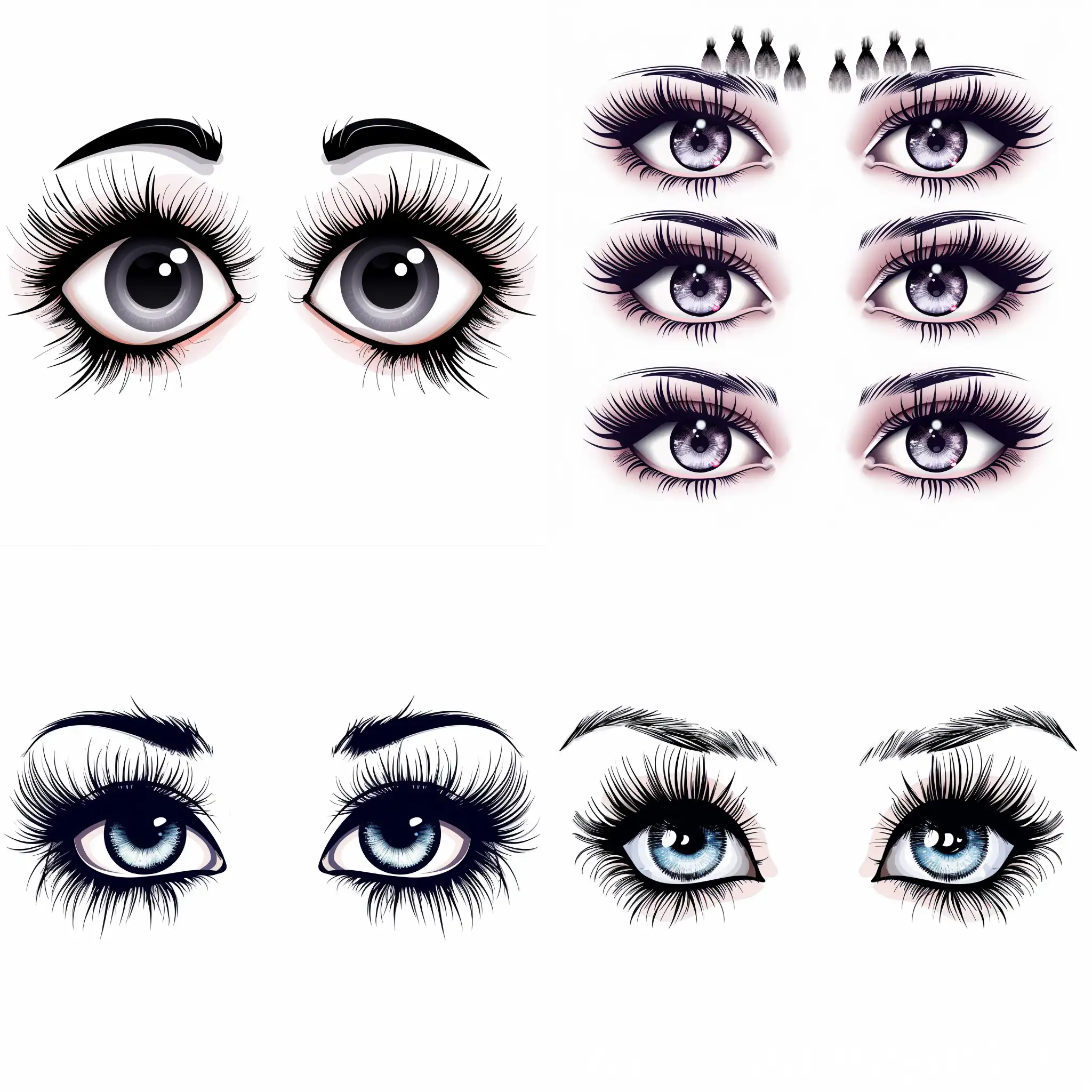 cartoon style, vector style, children style, round Cartoon eyes with several eyelashes on top , on bottom no eyelashes,  white background.