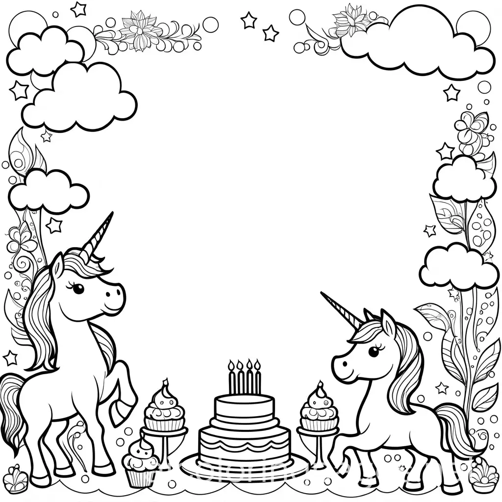create a coloring page of unicorns at a birthday party, Coloring Page, black and white, line art, white background, Simplicity, Ample White Space. The background of the coloring page is plain white to make it easy for young children to color within the lines. The outlines of all the subjects are easy to distinguish, making it simple for kids to color without too much difficulty, Coloring Page, black and white, line art, white background, Simplicity, Ample White Space. The background of the coloring page is plain white to make it easy for young children to color within the lines. The outlines of all the subjects are easy to distinguish, making it simple for kids to color without too much difficulty