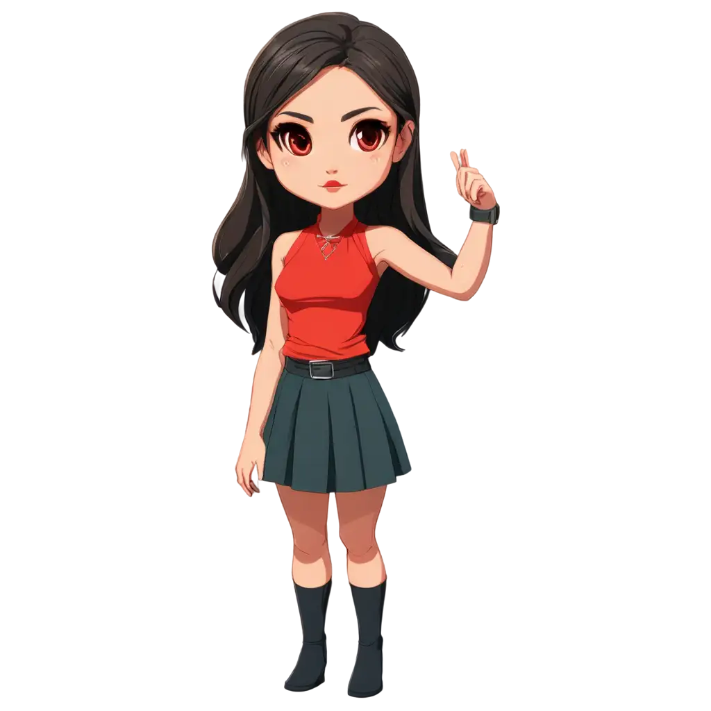 make it in vector style  
a girl chibi  Standing, serious expression.
Clothes: Red halter top and matching wrap skirt.
Accessories: Necklace with a pendant, simple earrings.
Hair: Long, dark hair in a single braid. 
