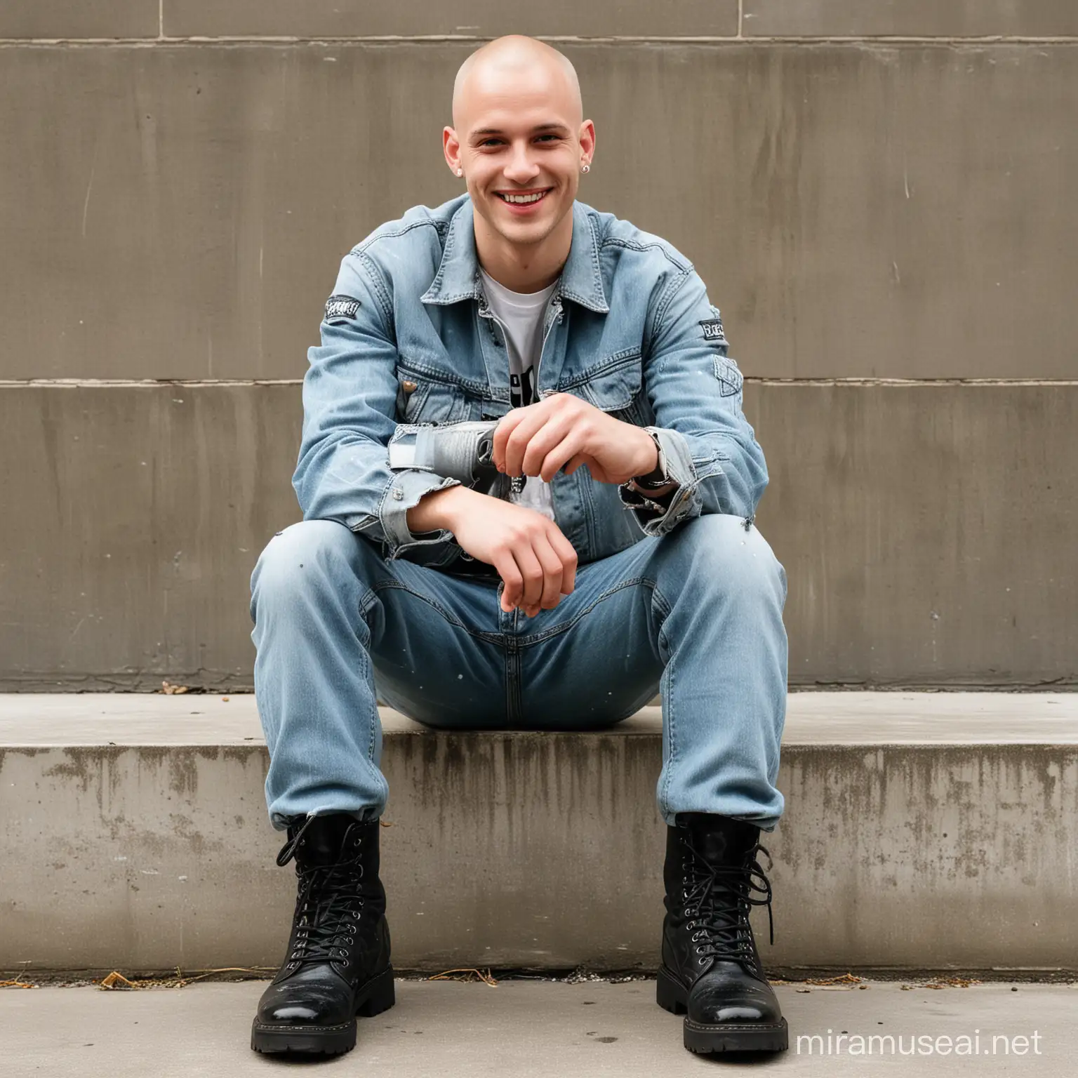 Close up view. Male aged 25. Sitting on a concrete step. Sinister smile. Hands clasped together. Head totally shaved bald. Light Blue Jeans covered with splashes of bleach, turned up just below the knee. 12 inch high Black combat boots. Boots laced up with white laces in a ladder style. Olive green coloured shiny Alpha bomber jacket.