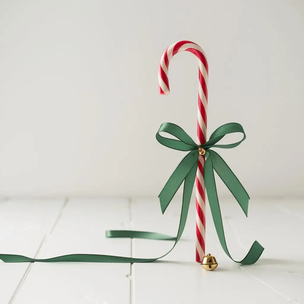 Christmas Candy Cane with Green Ribbon on White Background