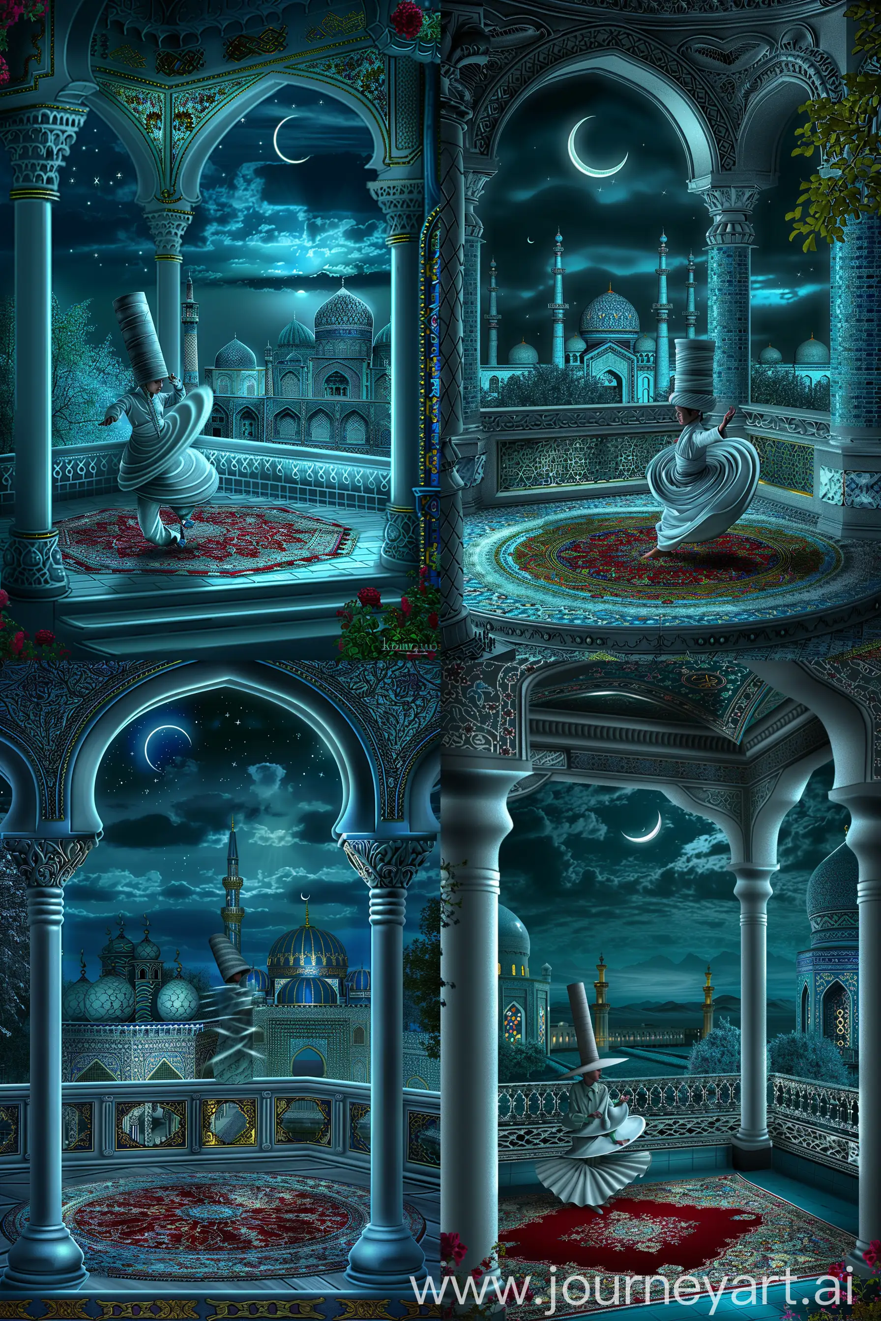A young British dervish wearing tall cylindrical hat performing sufi whirling sema dance on a persian carpet, inside an octagonal balcony having three arches decorated with persian floral motifs, serene night sky with a crescent, view of Persian tiled mosque, White blue red golden --sref https://shorturl.at/f5t49 --sw 1000 --ar 2:3
