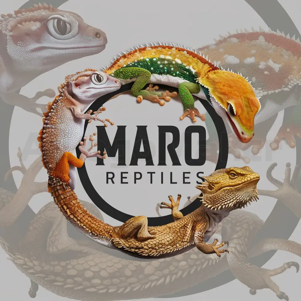 a logo design,with the text "MARO Reptiles", main symbol:real looking crested gecko, real looking gargoyle gecko and bearded dragon surrounding MARO Reptiles,Moderate,clear background