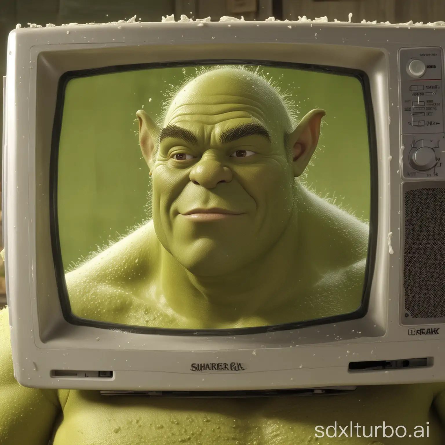 real kodak photo of a 90's ((CRT TV screen)) o palmolive my gentle gel ((bald)) ((((Shrek ogre)))) shampooing his armpits and nostrils, ((funny)), dynamic, epic, ((chromatic abberations)), ((CRT noise)), ((emphasis on shampoo and shampoo foam)), ((shampoo commercial)), ((detailed skin pores and goose-bumps))