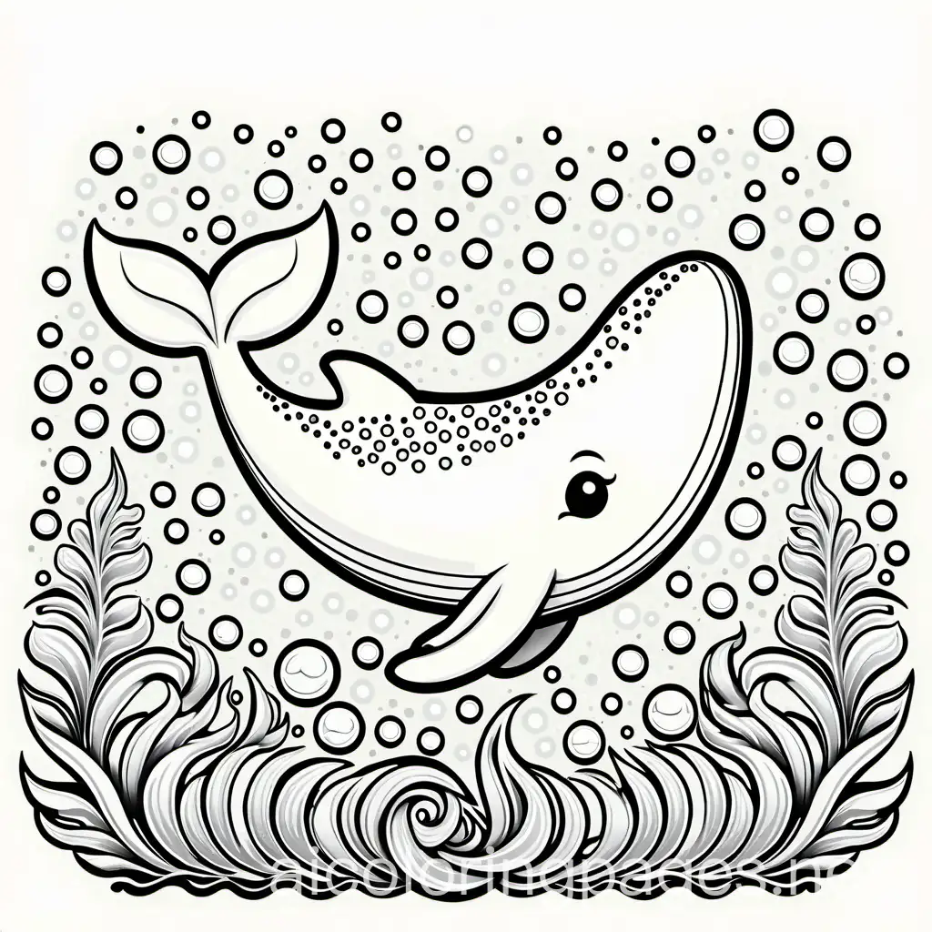 Cute whale bubbles sea weed , Coloring Page, black and white, line art, white background, Simplicity, Ample White Space. The background of the coloring page is plain white to make it easy for young children to color within the lines. The outlines of all the subjects are easy to distinguish, making it simple for kids to color without too much difficulty