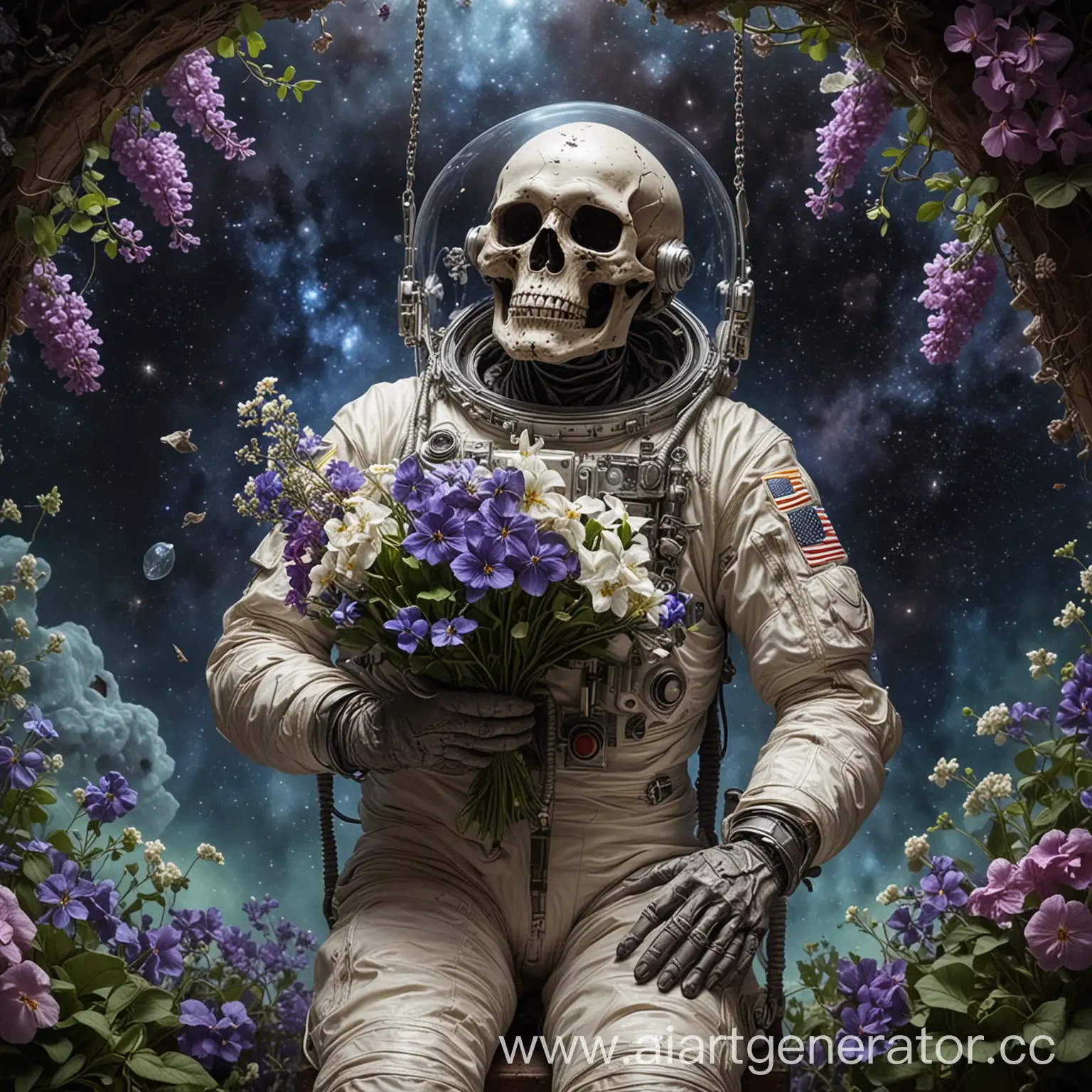 Astronaut-with-FlowerCovered-Suit-Swings-in-Space-Holding-Bouquet