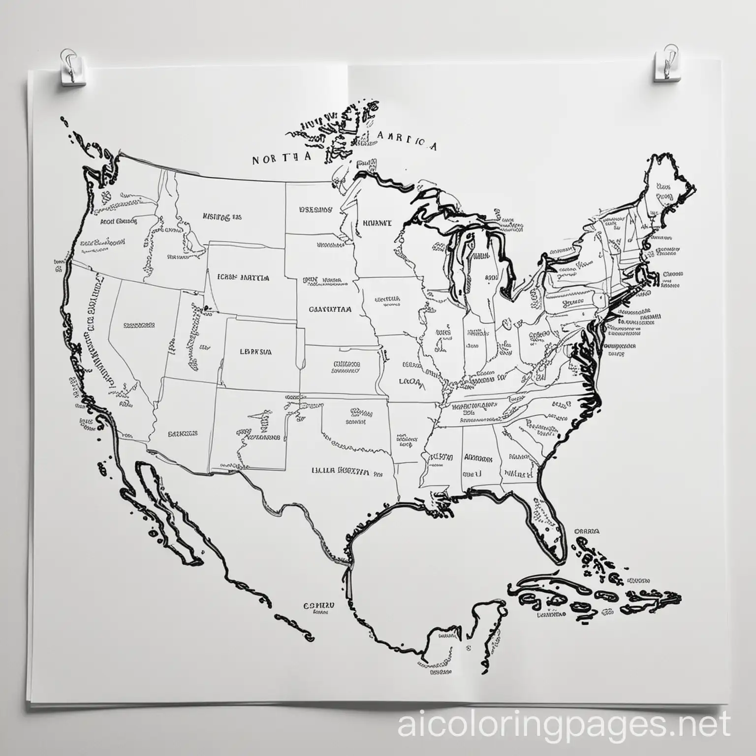simple map of north america with 10 simple landmarks no writing only clear pictures, Coloring Page, black and white, line art, white background, Simplicity, Ample White Space.