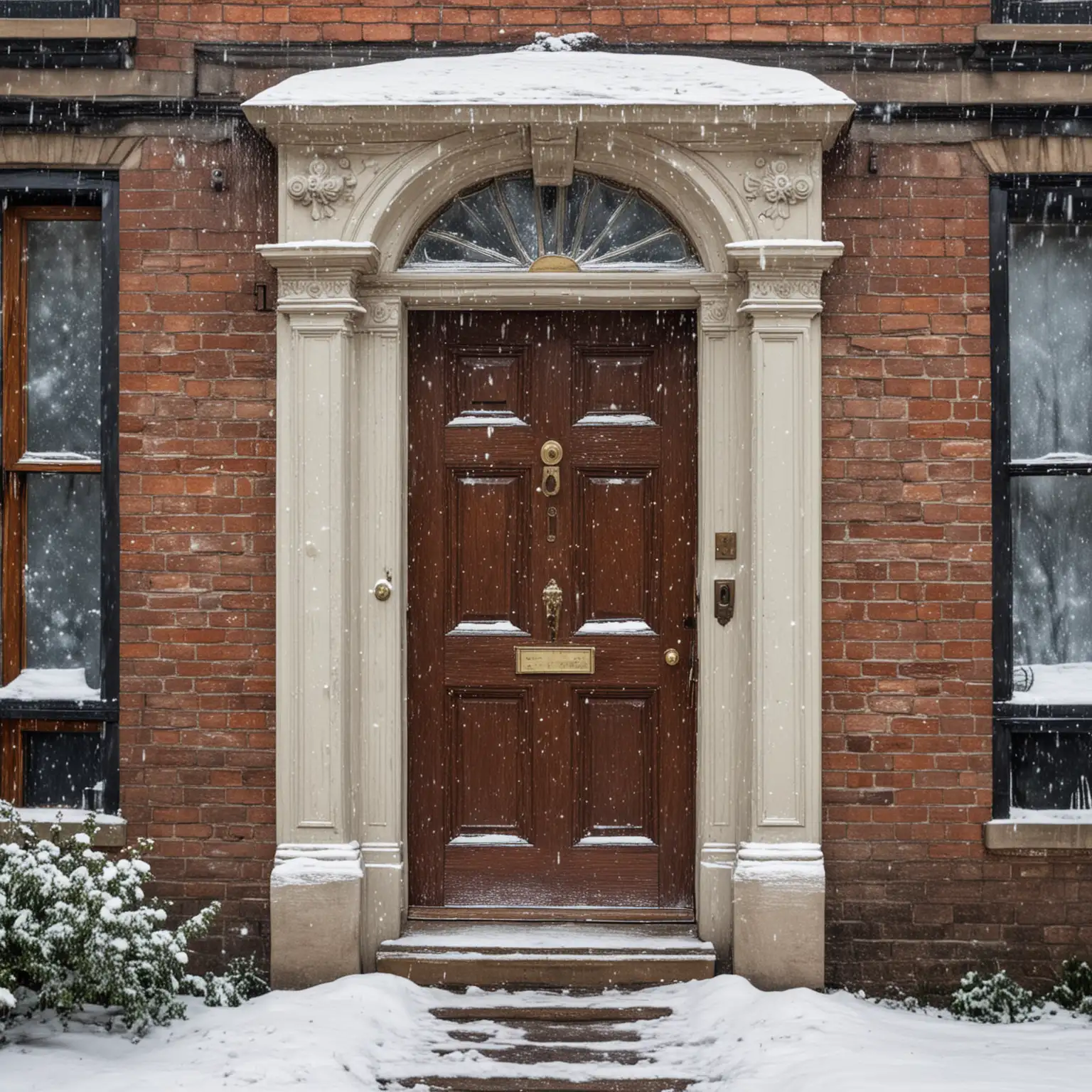 Victorian Door with Falling Snow Nostalgic Winter Scene