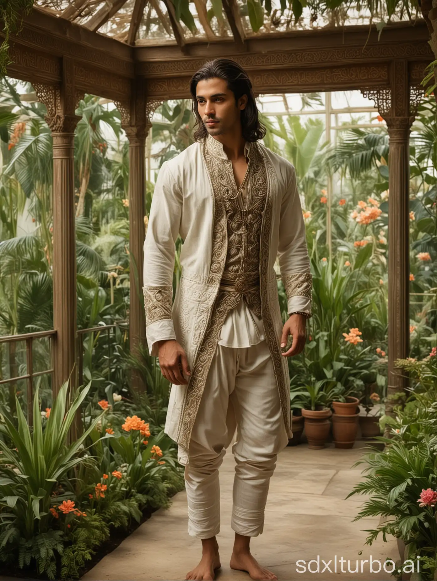 A full-body shot of a handsome, tall, and muscular Arabic-Bali descent guy with shoulder-length hair in a traditional-hunter costume, with a background of a glasshouse garden room in the style of painting by Leyendecker.