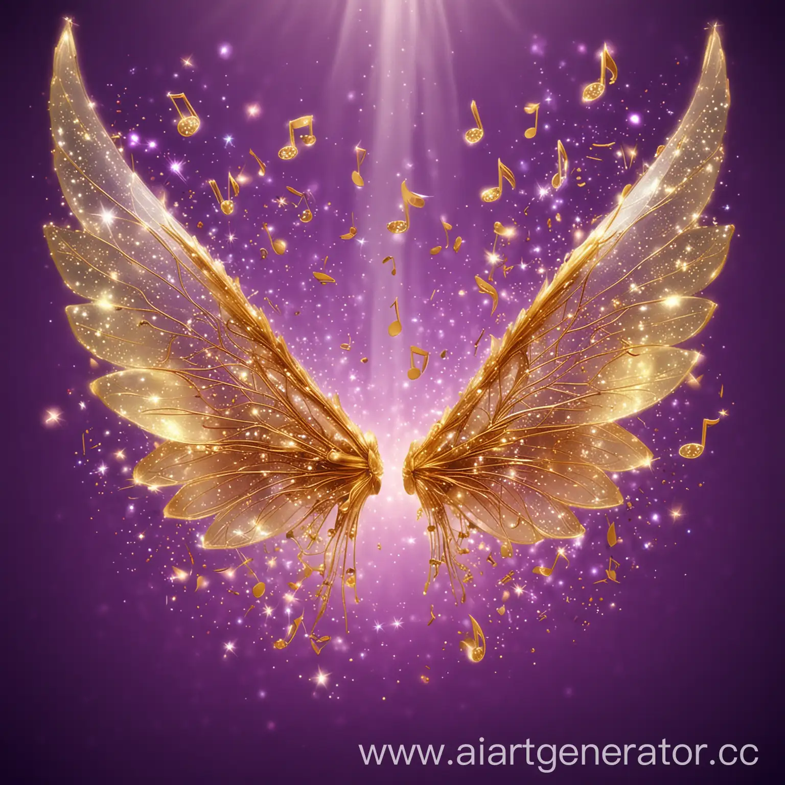 Golden-Fairy-Wings-Centerpiece-on-PurpleGreen-Party-Background-with-Sparkles-and-Musical-Notes
