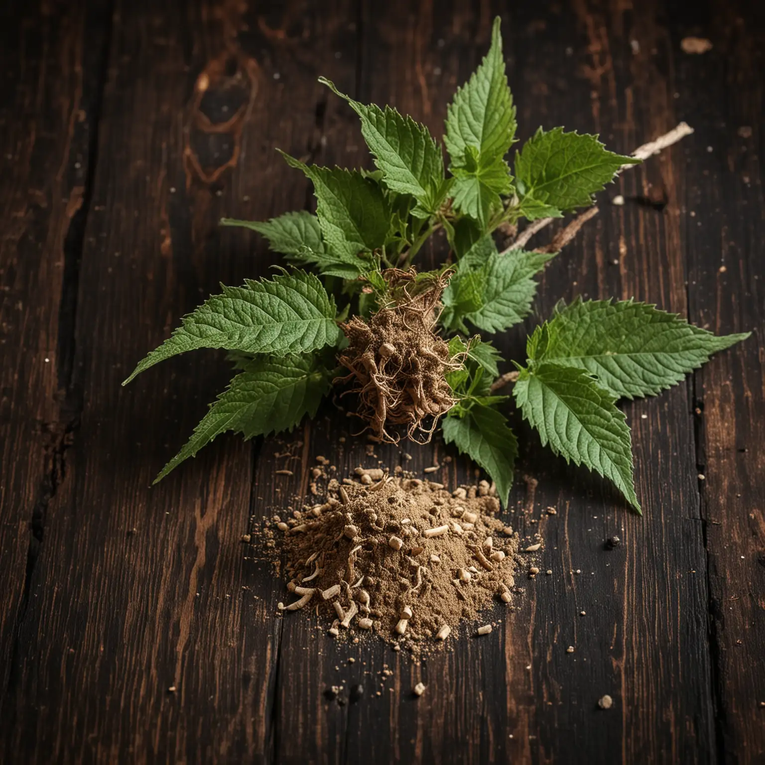 Nettle Root in stem, root, and powder form on dark wooden table with selective focus