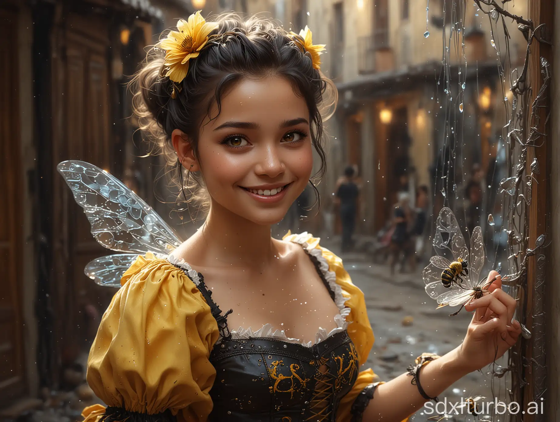 cute little women 20 years old in honey bee carnival dress, tanned skin, happy smile, full body, Luis Royo's house an ultra HD detailed painting, digital art, shaggy upswept black-yellow hair, realistic, Art by Daniela Uhlig and Tatiana Suarez, a tattooed punk beauty, bright, smile, cute little baby girl honey bee dress beautiful, splash, Glittering, cute and adorable, filigree, rim lighting, lights, extremely, magic, surreal, fantasy, digital art, Wlop, Broken Glass effect, stunning