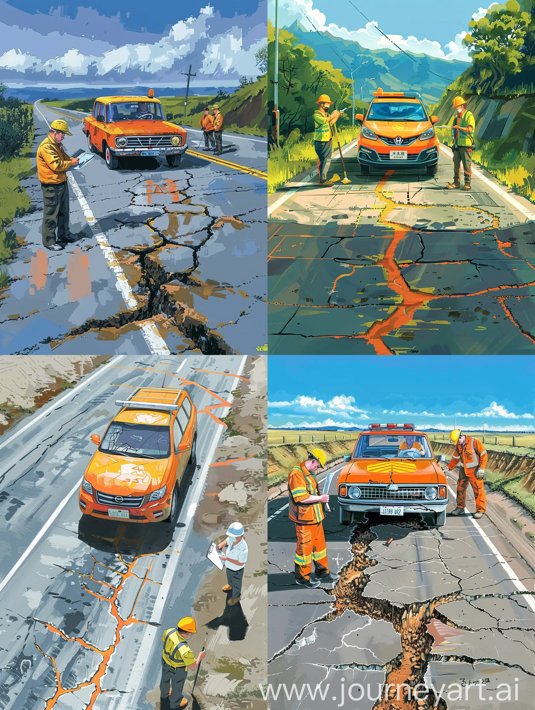 Municipal-Maintenance-Workers-Inspecting-Road-Cracks-Cartoon-Style-Scene-with-Engineering-Vehicle