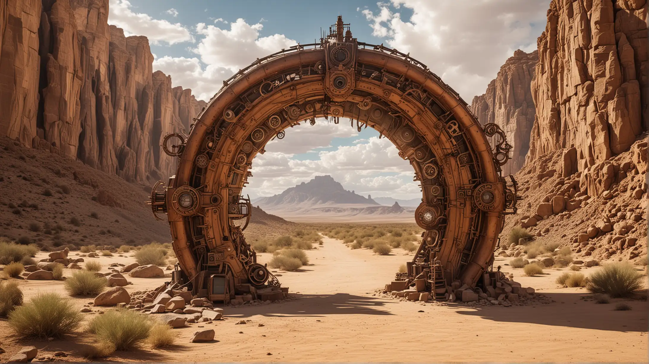 a steampunk portral to another time and space in the desert
