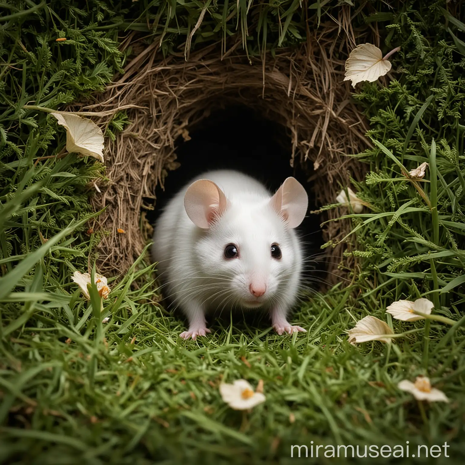 Create a high-quality image of a small white mouse emerging from a hole on a lush green grass field. The mouse should scurry out of the hole, explore the area by moving in various directions, and appear curious and lively. Ensure the scene is well-lit with natural daylight, and the background should have subtle elements like a few scattered leaves or small flowers to enhance the natural setting."