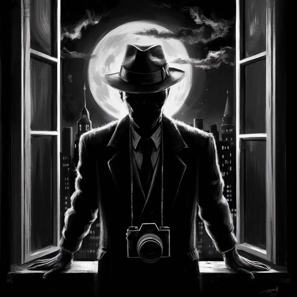 The noir-style setting. A silhouette of a photographer man stands at the window, looking out into the night. The moonlight gently illuminates his clothing and hat, casting a soft shadow over his face.