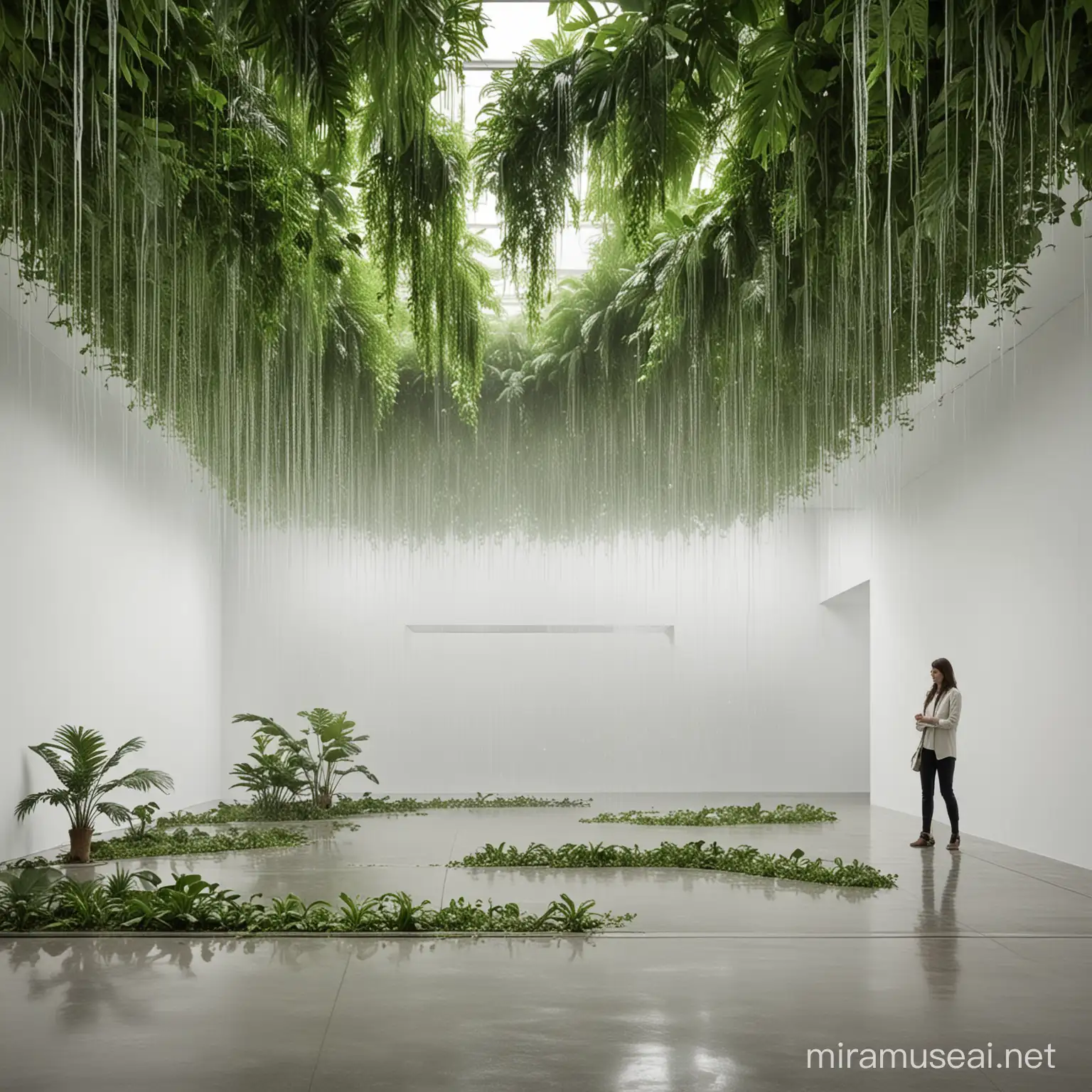 an exhibition space inspired by a rainforest ecosystem. there is a horizontal rain installation in the center of the room. show a wide view of this room, with more white space and space to walk. show me the room from all angles.