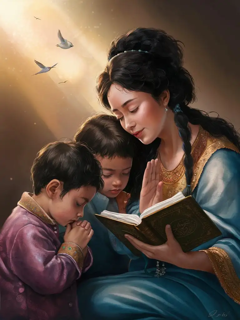 Digital painting of a beautiful, ethnic mother teaching her children to pray, with birds flying overhead and a soft, golden light shining down on them from above.