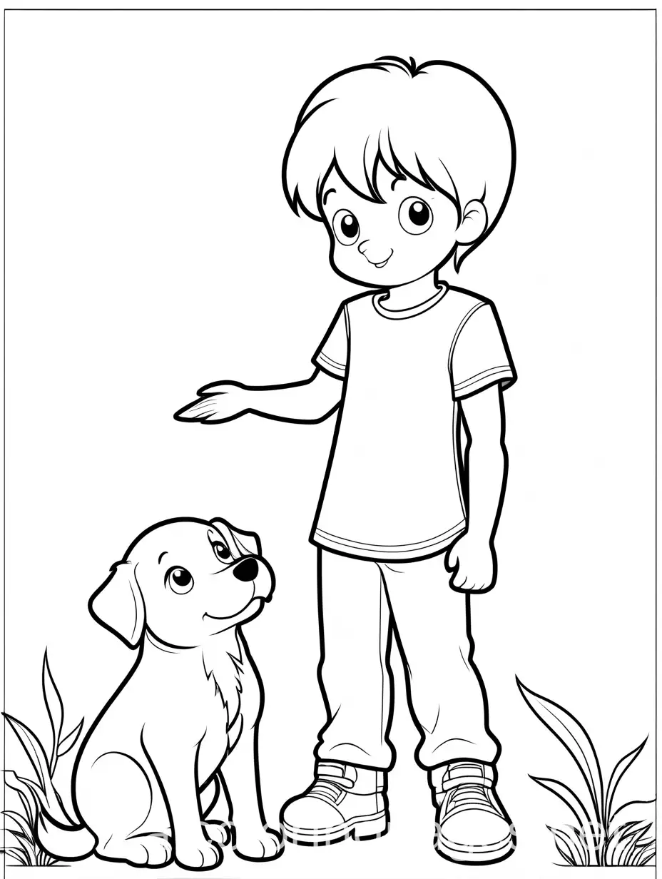 Little boy playing with puppy with no background Coloring Page, black and white, line art, white background, Simplicity, Ample White Space. The background of the coloring page is plain white to make it easy for young children to color within the lines. The outlines of all the subjects are easy to distinguish, making it simple for kids to color without too much difficulty, Coloring Page, black and white, line art, white background, Simplicity, Ample White Space. The background of the coloring page is plain white to make it easy for young children to color within the lines. The outlines of all the subjects are easy to distinguish, making it simple for kids to color without too much difficulty
