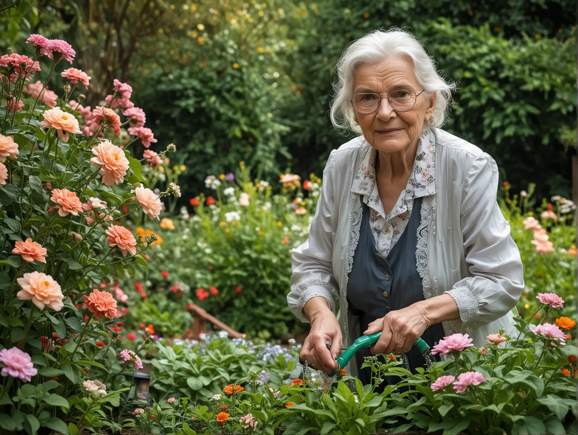 An old lady about 70 years old, watering flowers in the garden, dressed elegantly and elegantly, facing the camera, with exquisite facial features and professional photography skills