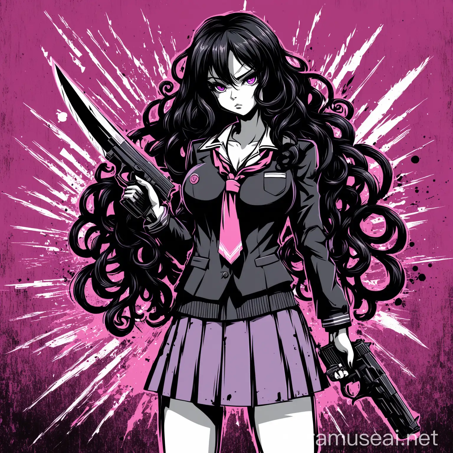 Anime Girl with Long Black Curly Hair Holding Gun and Knife in Monochrome Palette