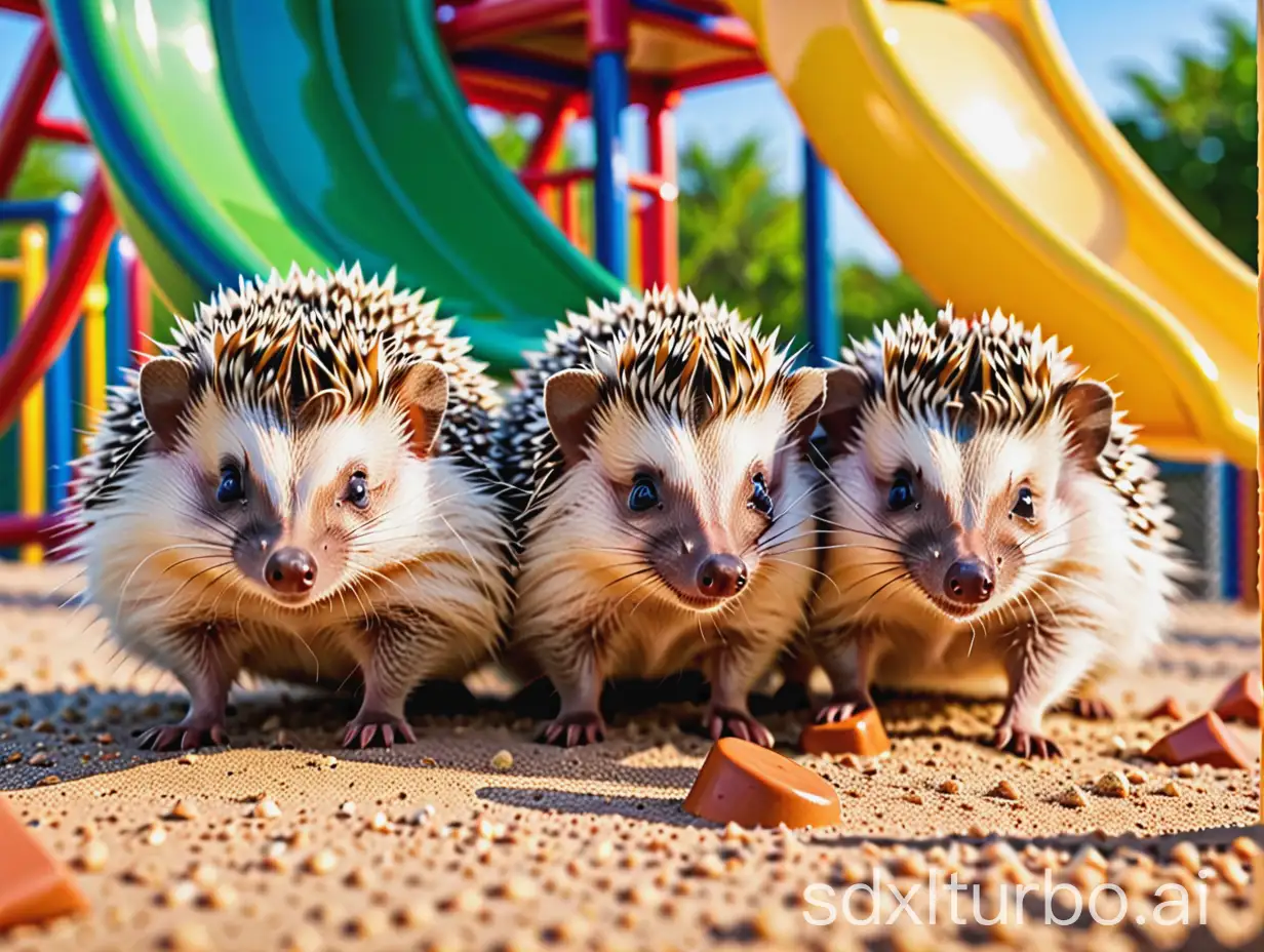 A group of hedgehogs are playing on a playground