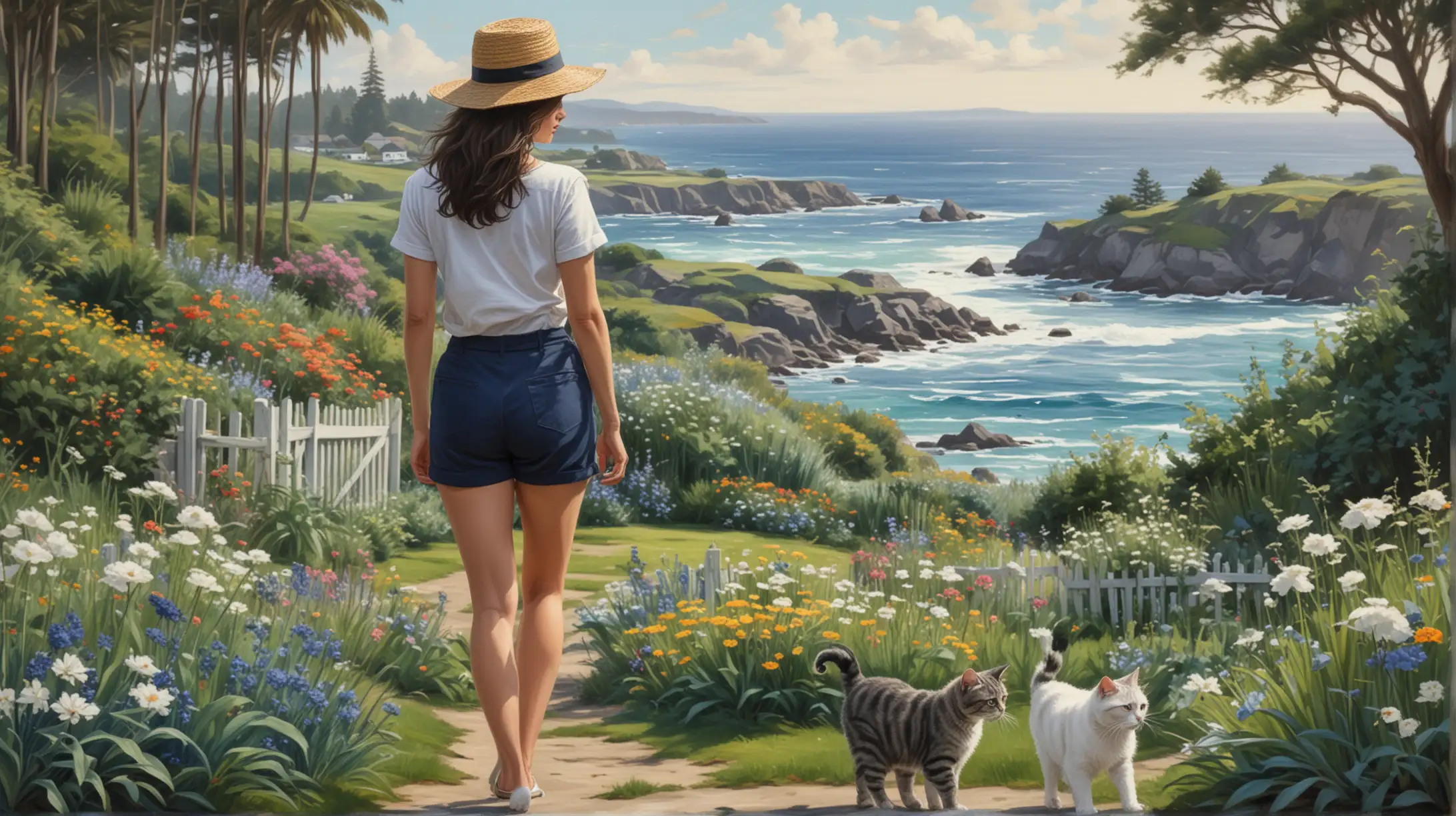 a mpressionist painting seen from a distance a woman with shoulder length dark hair dressed in  navy blue Bermuda shorts, white t shirt, straw hat, seen from a distance walking through a garden, two gray tabby cats accompany her, depth of field to a glimpse of ocean with Pacific Northwest shore line