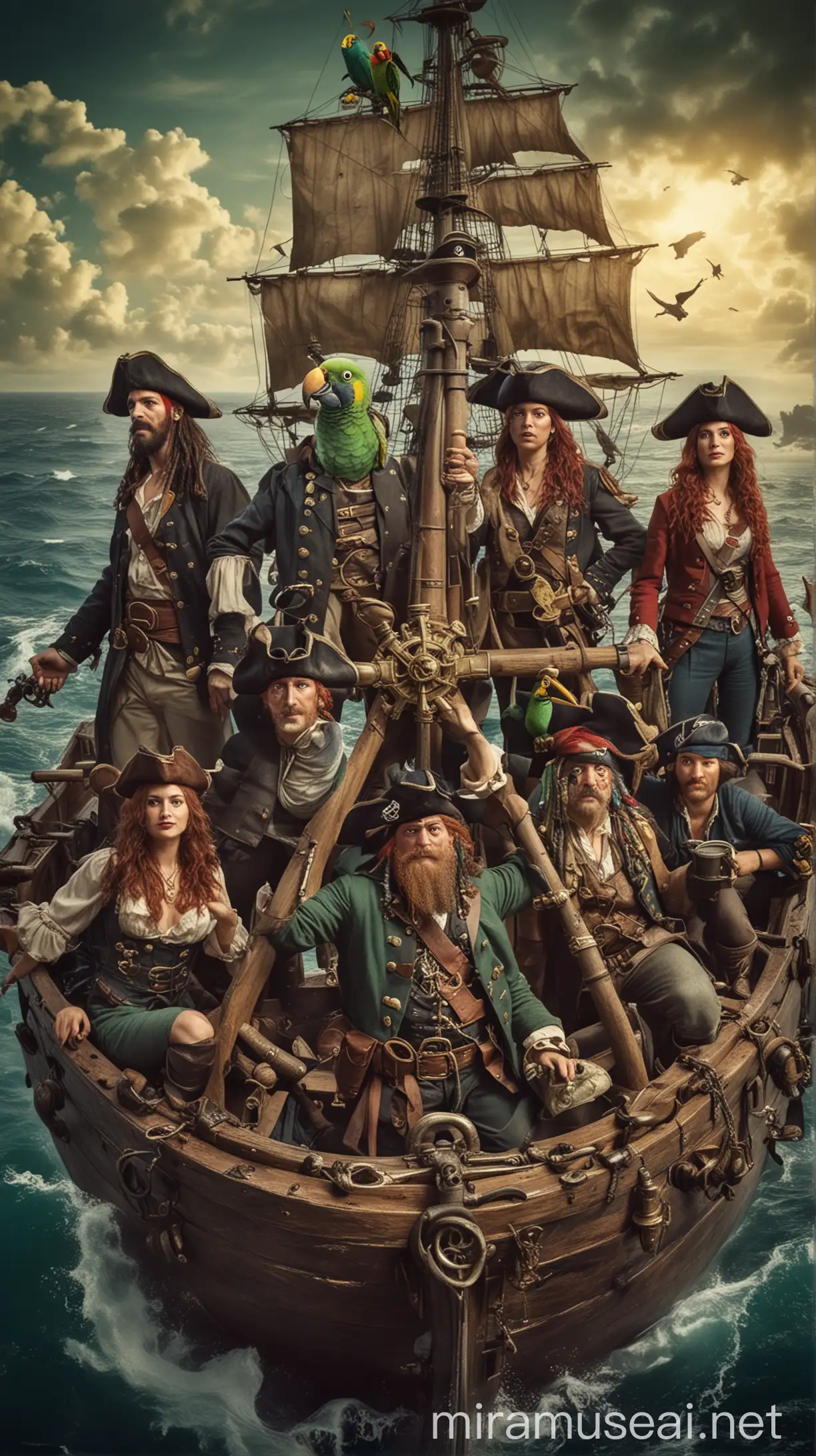 подставь этих людей в фото под пиратскую вселенную, капитаншы корабля, бинокль в руке, шапка треугольник, в море, на плече попугай