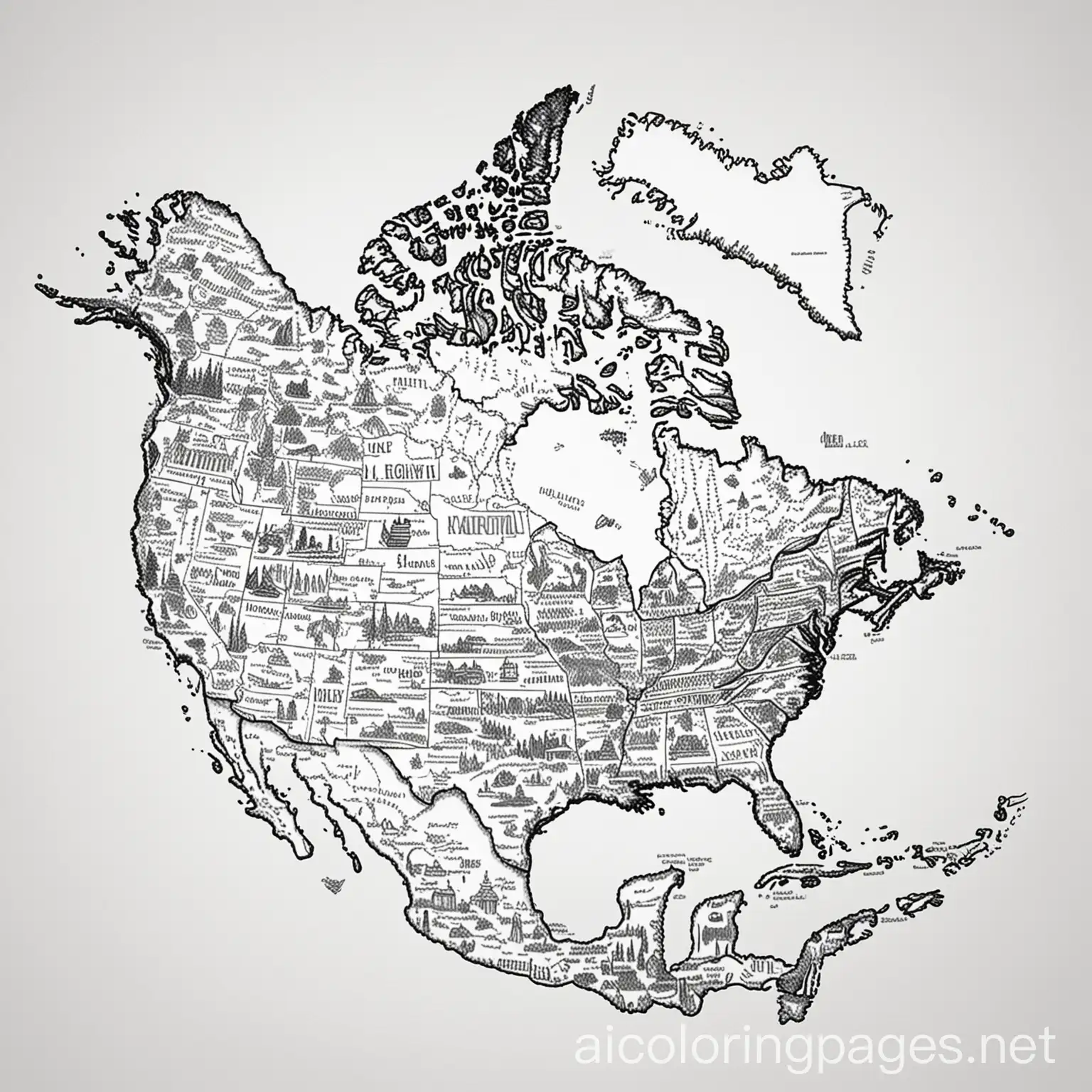 a coloring page of north america with landmarks on the map, Coloring Page, black and white, line art, white background, Simplicity, Ample White Space. The background of the coloring page is plain white to make it easy for young children to color within the lines. The outlines of all the subjects are easy to distinguish, making it simple for kids to color without too much difficulty
