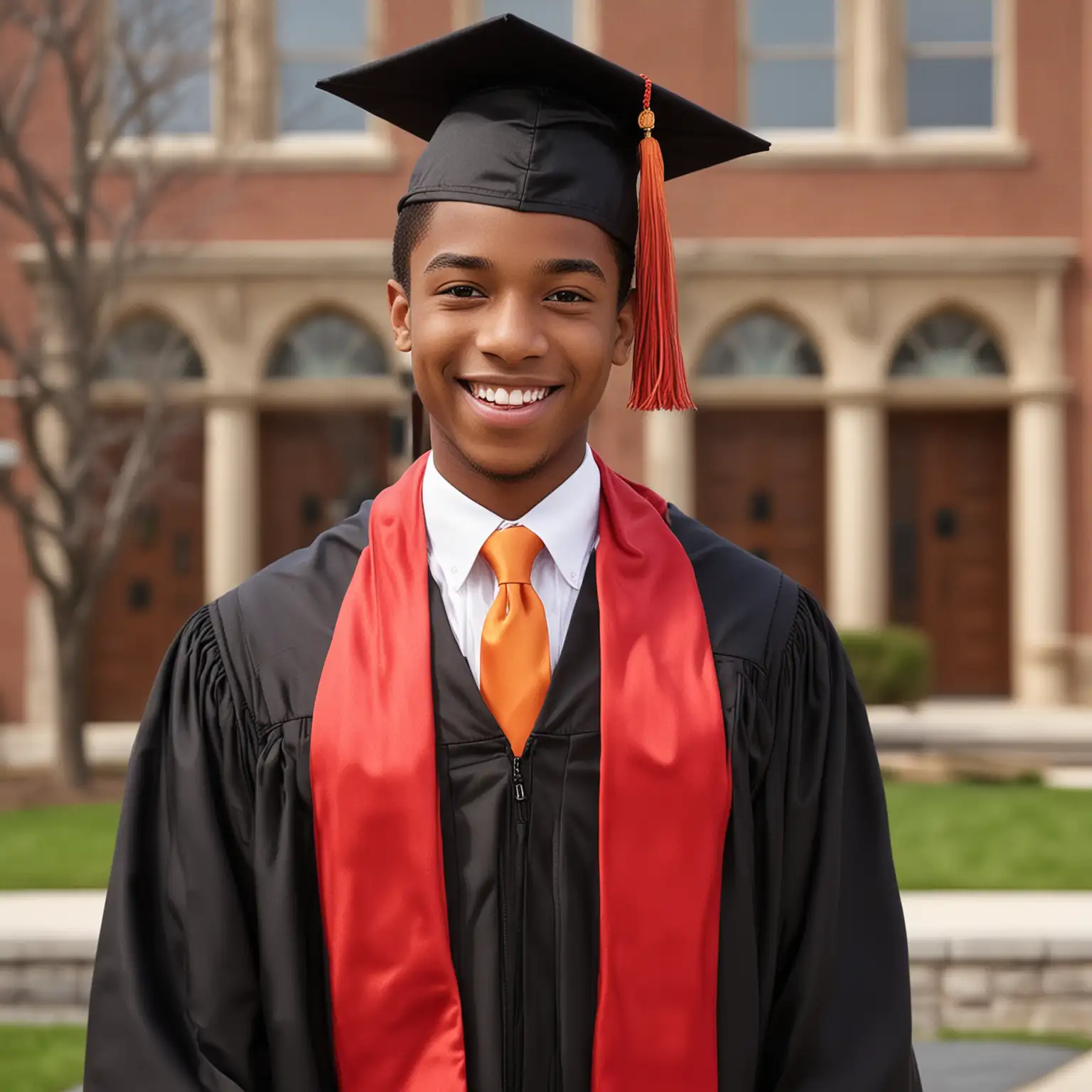 Create a african americn young man wearing a graduation cap and gown. He has a beaming smile and is donning a black gown with a red stole and an orange tie. The tassel on his cap also appears to be red, suggesting a celebratory occasion like a commencement ceremony. The background hints at an academic setting, possibly a college or university campus.