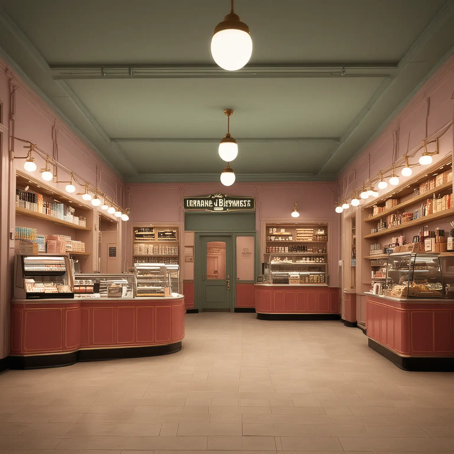 Create a retail environment for a one-story space of around 1600 sf, 6 POS terminals, display cases for a food product that does not require refrigeration, and with a cue in the center. Create a mid 20th century air travel feel with a minimalist approach, and a color scheme modeled after Wes Anderson’s Grand Budapest Hotel. Lighting should be bright, and incorporate some futuristic motifs